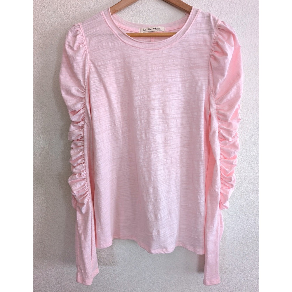We The Free Free People Pink Ruched Puff Sleeve Slub Knit Top Womens Medium
